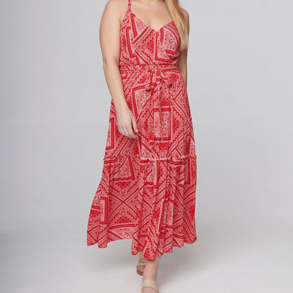 Large Maxi Dress Red Geometric Belted Sleeveless -